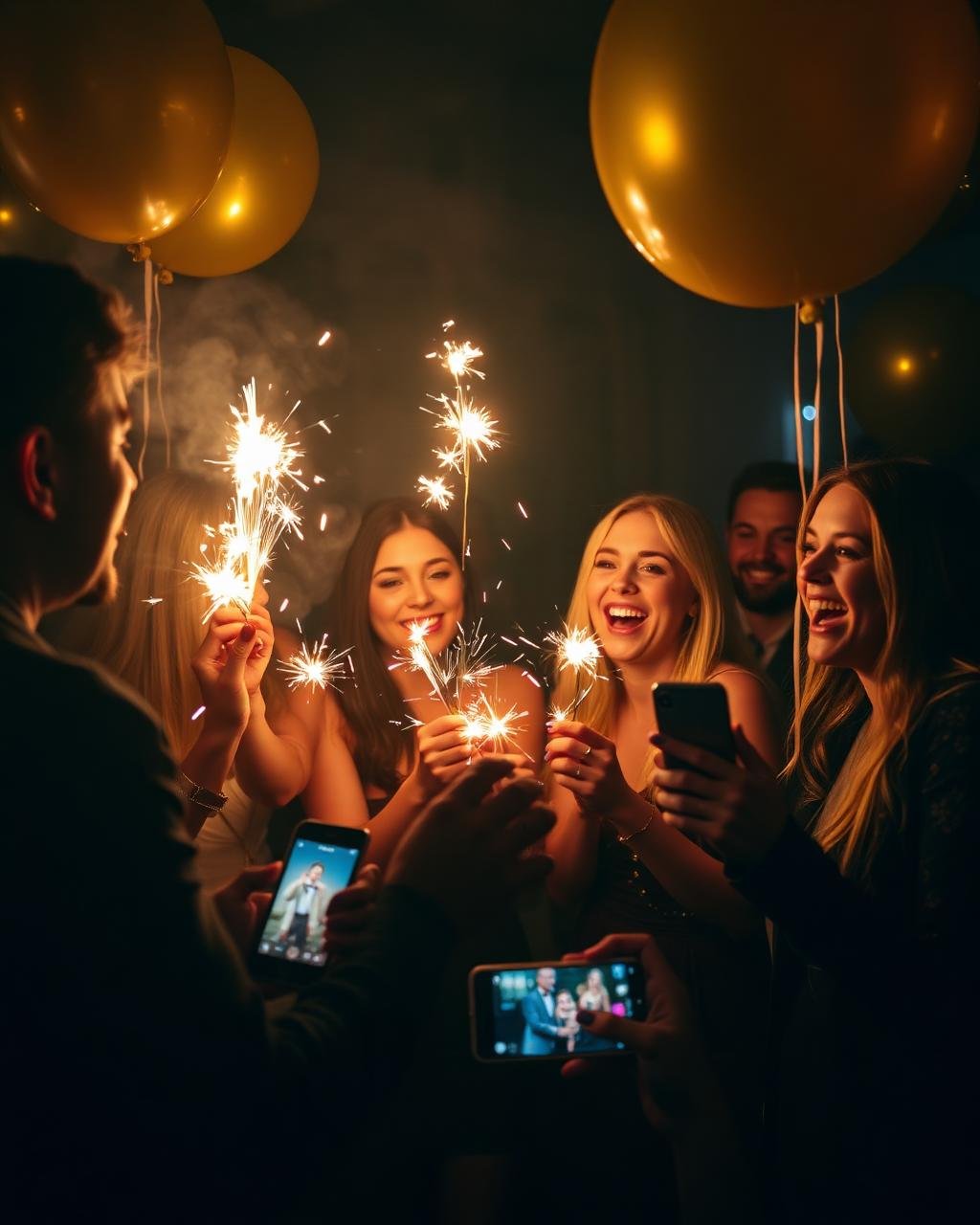 Amigos comemorando aniversário com sparklers e celulares