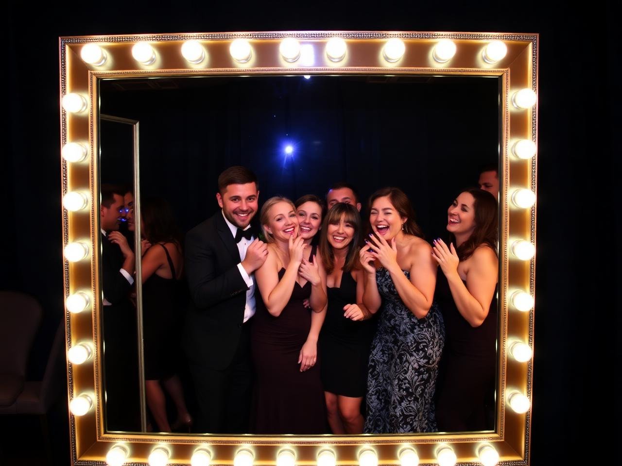 Espelho mágico interativo com convidados posando em uma festa