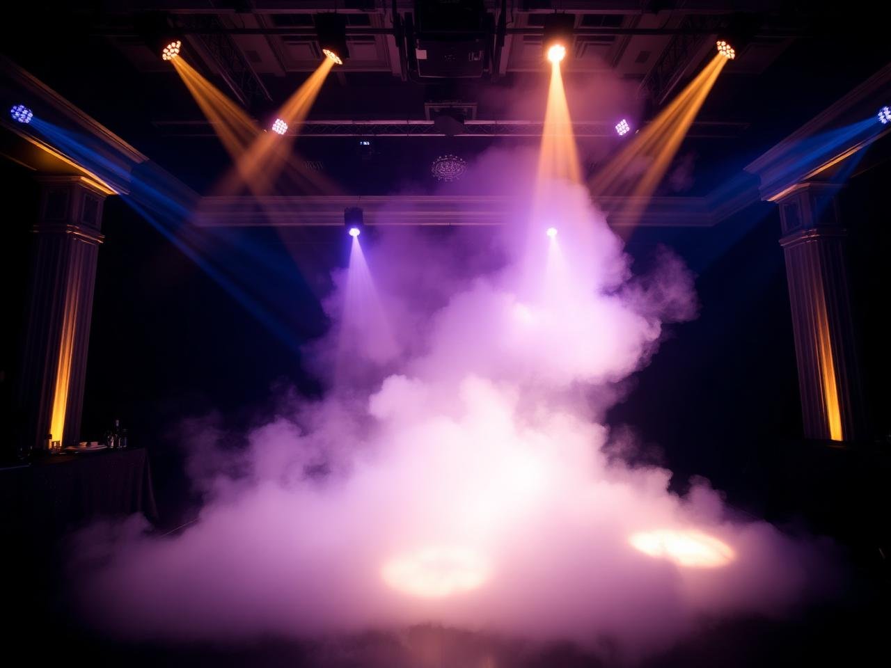 Máquina de fumaça criando atmosfera na pista de dança de um evento