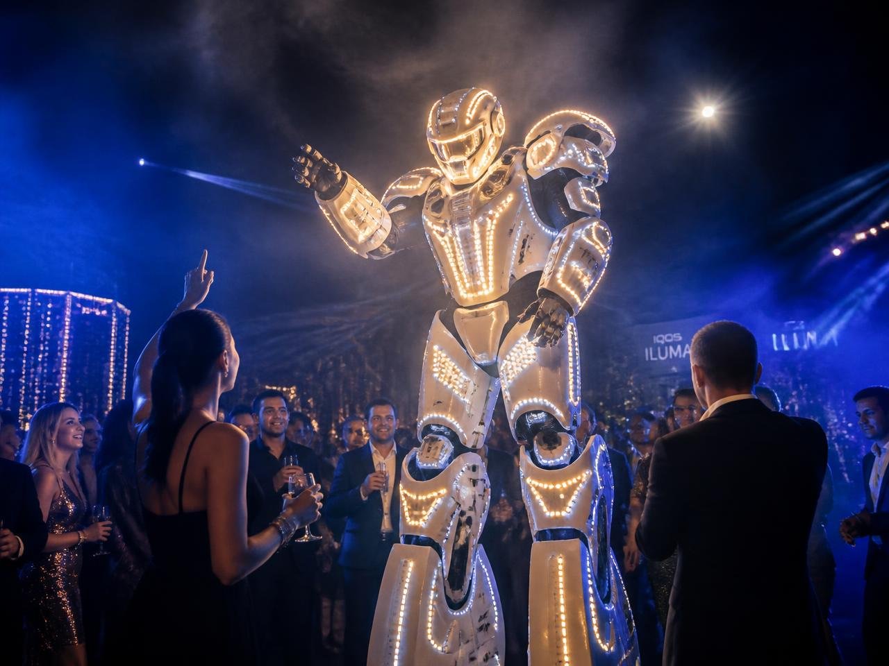Robô com LED interagindo com convidados em uma festa